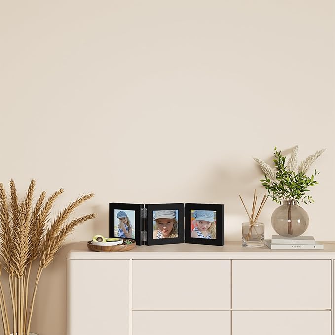 decorUhome Triple 4x4 Picture Frame Vertical, Engineered Wood Trifold Photo Frame with Plexiglass for Tabletop Display, 4x4, Black