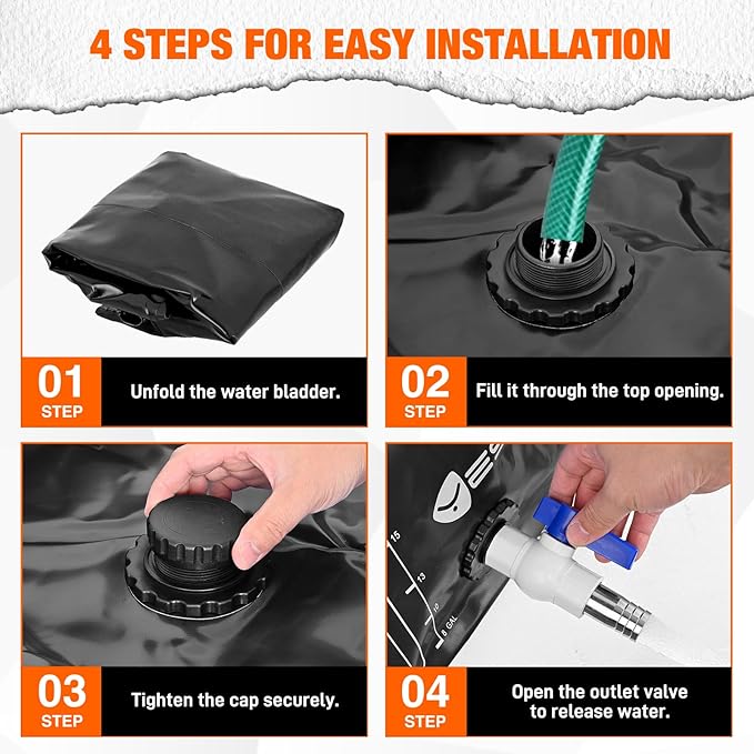 Yesker Portable Water Storage Bladder 63 Gallon – Heavy-Duty 1000D PVC Foldable Water Bladder Tank with 3/4" PVC Spigot for Garden, Camping & Emergency Use, Black