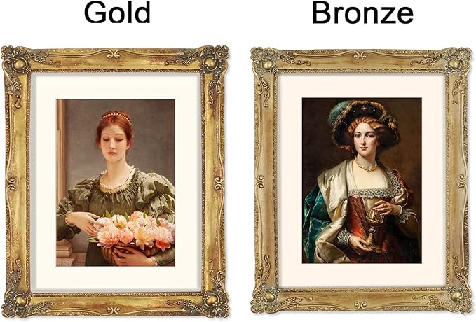SIMON'S SHOP 11x14 Picture Frame Matted to 8x10 Photo, Vintage Gold Picture Frames 11x14 with Mat for 8x10 Artwork, Wall and Tabletop Display Poster Frames