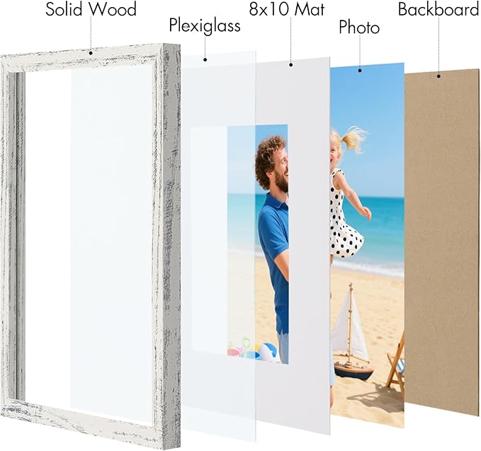 Vittanly 11x14 Picture Frame, Made of Solid Wood and Shatterproof Plexiglass, Display Pictures 8x10 with Mat or 8x10 without Mat, Wooden Photo Frame for Wall or Tabletop, Distressed White, 1 Pack