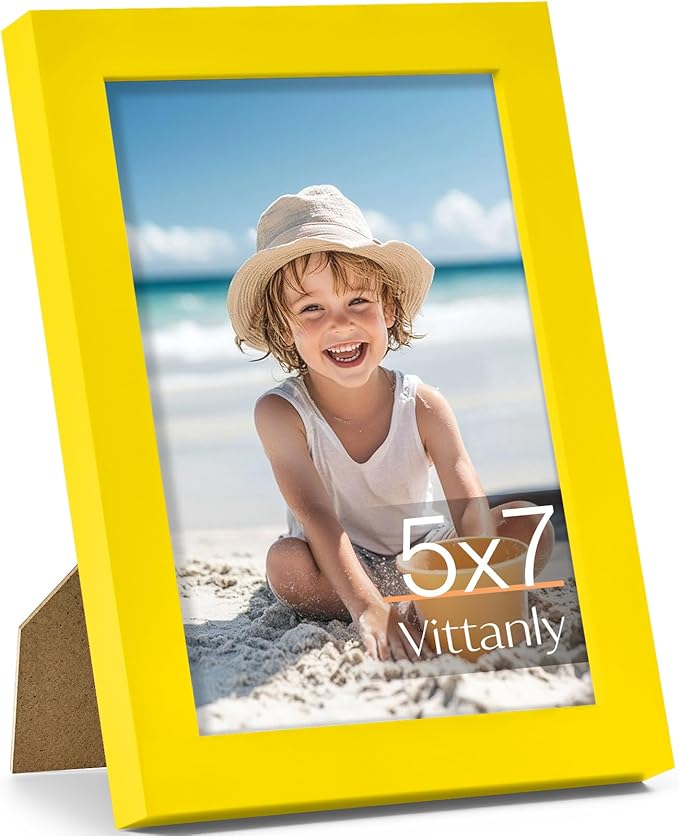 Vittanly 5x7 Picture Frame, Made of Solid Wood and Shatterproof Plexiglass, Wooden Photo Frame for Wall Mounting or Tabletop Display, Picture Frame for Home Decor with Stand, Yellow, 1 Pack