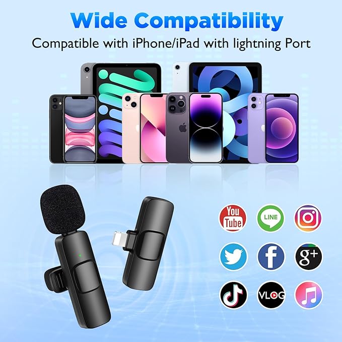 2 Pack Mini Wireless Lavalier Microphone for Lightning iOS Devices - Noise Reduction LAPE iPad Mic for Recording, Clip on Mic, Omni Lav Mic for Video Recording, Tiktok, YouTube, Vlog