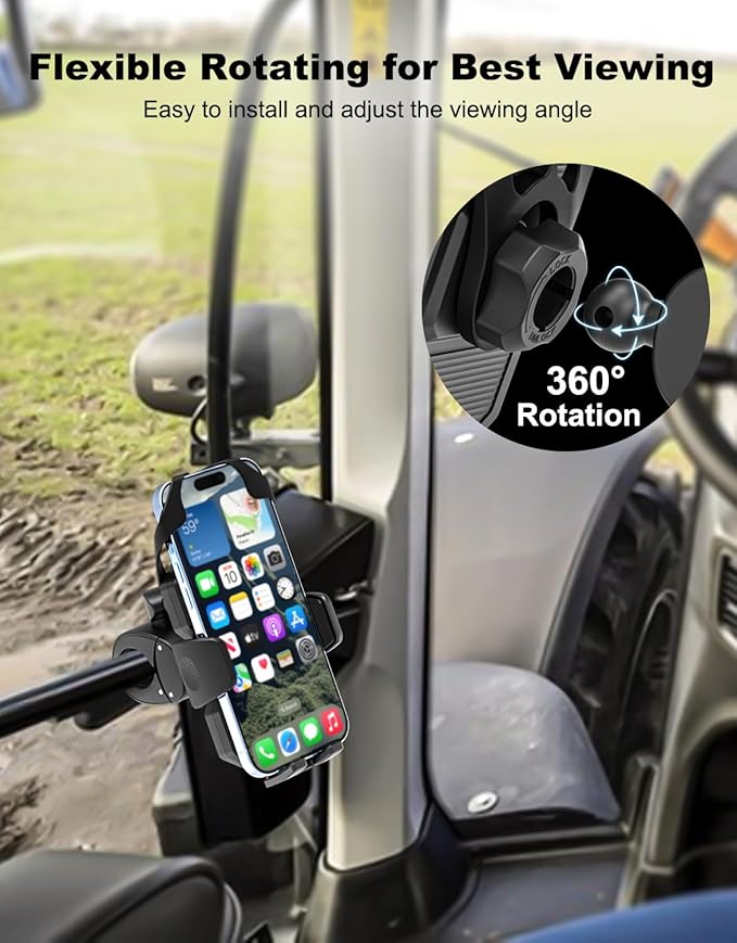 Tractor Phone Clamp Mount, [Upgraded Secure Tether] Stable Cellphone Clip for Forklift/Farming Machine, Front Loader Clip Holder for iPhone 16 15 14, Galaxy S25 S24, 4-7" Phone with Thick Case