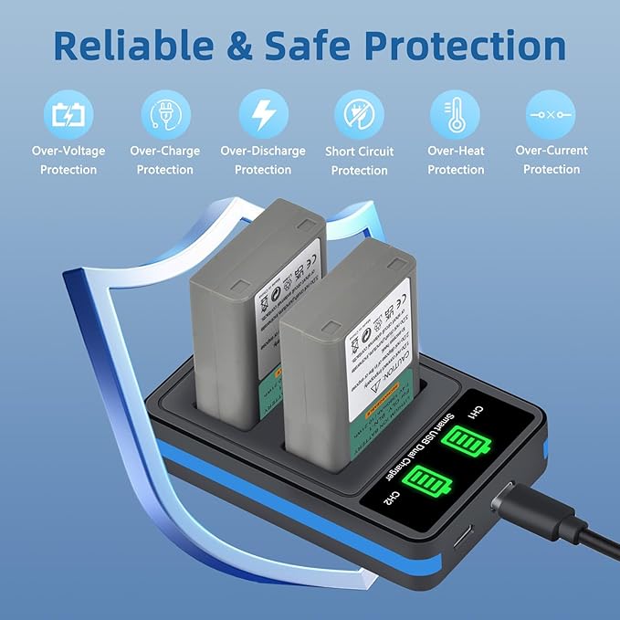 BLN-1 Battery 2 Pack and Dual Charger for Olympus BLN-1, BCN-1 and Olympus OM-D E-M1, OM-D E-M5, Pen E-P5 E-M5 MKII, Pen-F, Pen E-P5, HLD-6 Camera
