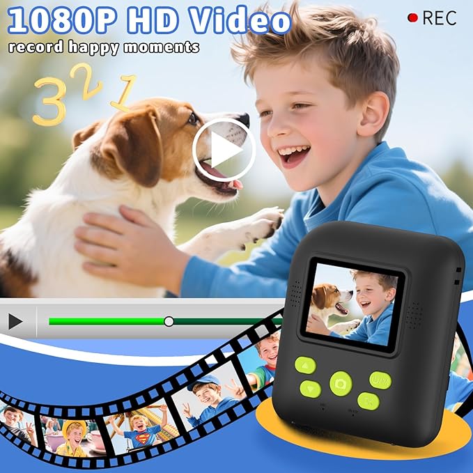 Okaloka Kids Instant Print Camera Toys,1080P HD Toddler Digital Video Camera,Birthday Christmas Gifts for Girls Boys age 3-12 Year old - 32G SD Card Included (Black)