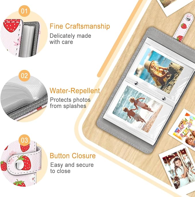 Lebrocoli Strawberry Bow Small Photos Album for 2x3 Inch Films, 56 Pockets Mini Cute Albums Book for Polaroid Fujifilm Instax Mini Instant Camera Printer, Kpop Photocard Pictures Binders Holders