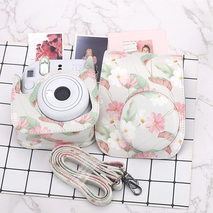 Frankmate Protective Case Compatible with Fujifilm Instax Mini 12 11 9 8 Instant Film Camera with Pocket and Adjustable Strap (Retro Daisy)