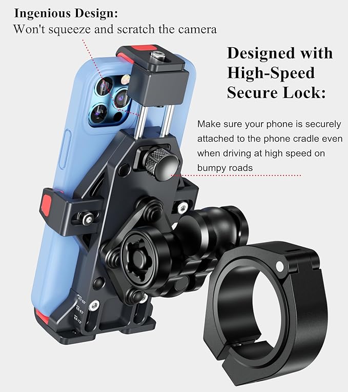 BRCOVAN Anti-Theft Aluminum Alloy UTV Phone Holder with Vibration Dampener & Secure Lock, Adjustable Roll Cage Cellphone Mount Fit 1.5''/1.65''/1.75''/1.85''/2'' Roll Bar, for 4.7''-7.2'' Smartphone