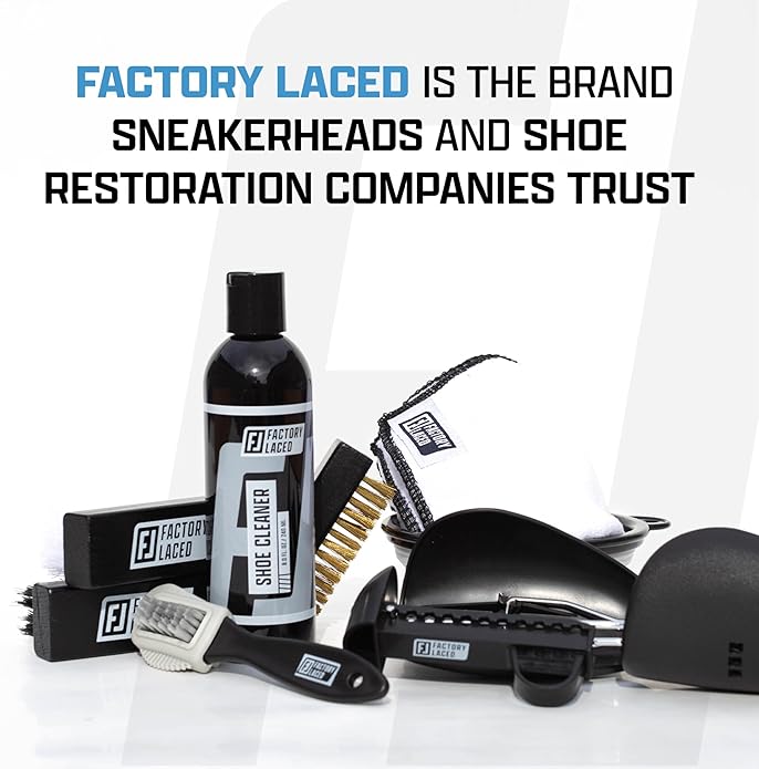 FACTORY LACED Shoe Cleaning Kit - Complete Sneaker Cleaner Kit with 8oz Solution, 4 Brushes, 2 Shoe Trees, Microfiber Towel & Bowl - The Ultimate Shoe Cleaner Kit for Jordans and Nike Shoes