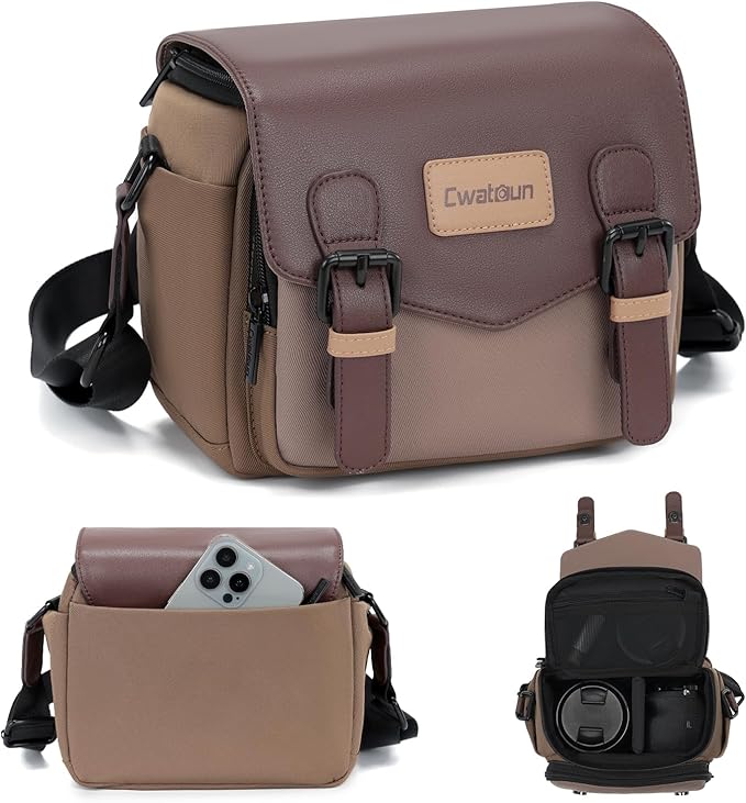 Cwatcun Camera Messenger Bag, Waterproof Flap Camera Crossbody Shoulder Case with Tripod Holder, Travel Photography Bag for Canon, Nikon, Sony, Fuji DSLR/SLR/Mirrorless Camera, Lens (Brown), S