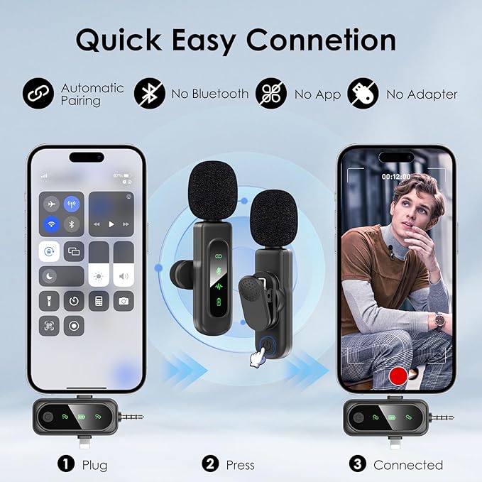 3 in 1 Wireless Lavalier Microphones for iPhone/Android/Camera Devices，2 Pack Magnetic Lavalier Mic ,Mini Microphone with Mute/Reverb/Noise Reduction for YouTube/Vlog/TikTok Podcast Content Creator