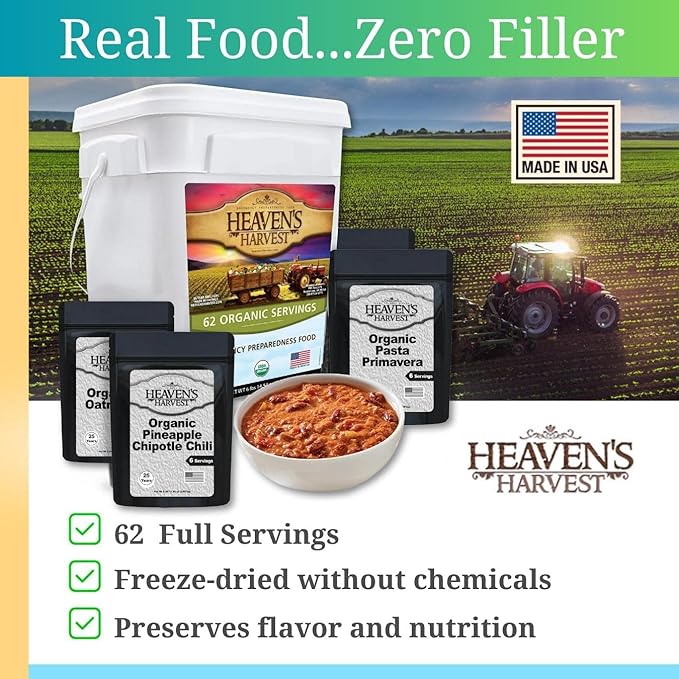 Heaven’s Harvest 25-Year Organic Family Food Kit — Emergency Food Supply. Freeze Dried Survival Food Kit + Water-Proof 25-Year Storage Bucket. MRE Meals, Non-Perishable Camping Food (62 Servings)
