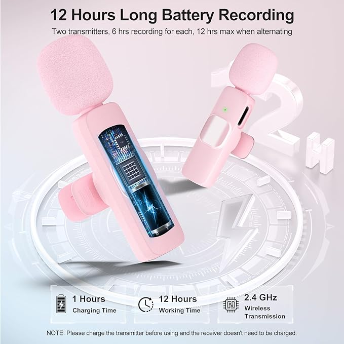 PoP voice Pink Wireless Lavalier Microphone for iPhone/Android - Mini Clip-On Mic with Noise Cancellation, 65ft Range, 12H Battery, Lapel Mic for Record Video, Podcast Vlog Content Creator Interview