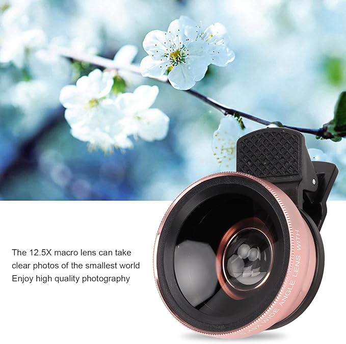 Phone Camera Lens, 2 in 1 Phone Lens Kit, 0.45X Ultra Wide Angle and 12.5X Macro Lens, with Travel Case, HD Professional Universal Clip Lens Kit for Most Smartphones, Tablets(Rose Gold)