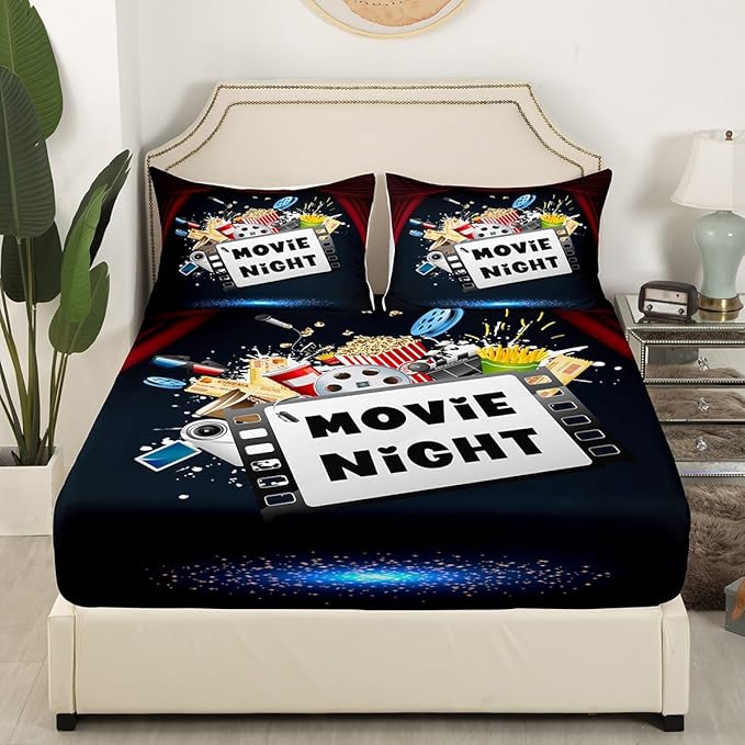 Erosebridal Movie Bed Sheets Set Queen Size for Boys Girls Family Home Theater Decor Sheet Set Movie Lover Theater Theme Bedding Sets Retro Vintage Film Themed Fitted Sheet 4 Pcs
