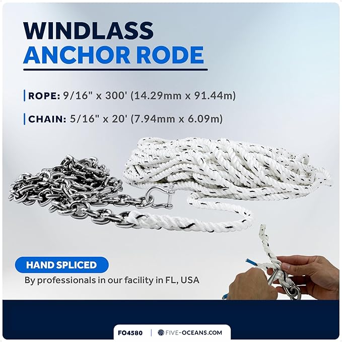 Five Oceans Windlass Anchor Rode, Hand-Spliced Anchor Rope and Chain Combination Kit, Nylon 3-Strand Rope, HT G4 Stainless Steel Chain for Boat Anchor System - Multiple Sizes