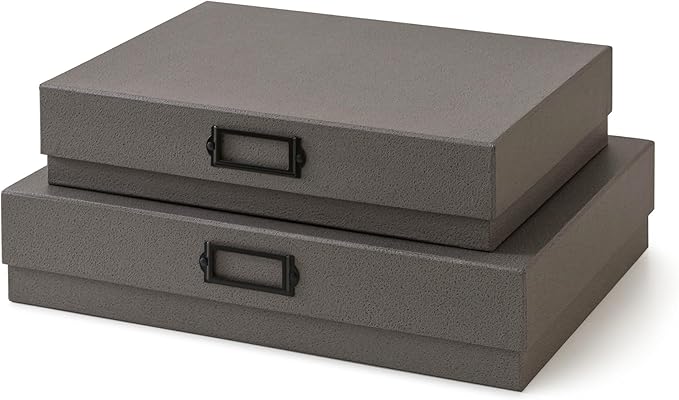 Soul & Lane Decorative Storage Boxes with Lids - Set of 2, Legal Size and A3 Document Boxes for Art and Scrapbooks with Metal Label Holder, Cardboard Photo Storage for Keepsakes & Memories, Gray