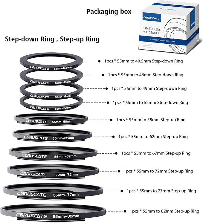 10Pcs 55mm Filter Ring Adapter Set,Metal Step-Up Ring for All Brands UV ND CPL (55-40.5mm,55-46mm,55-49mm,55-52mm,55-58mm,55-62mm,55-67mm,55-72mm,55-77mm,55-82mm)