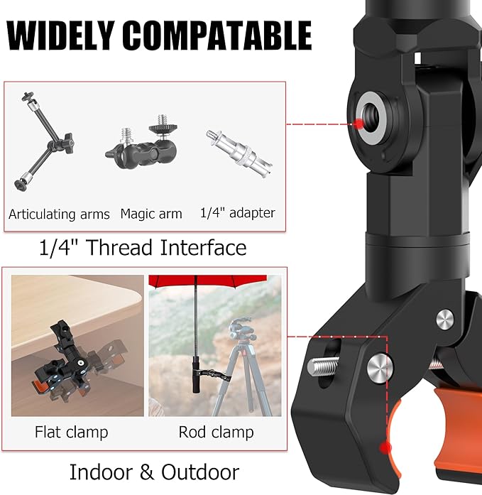 Double Clamp Mount Bracket Magic Arm with 1/4" Screw Interface, Double Super Camera Umbrella Clamp for Chair, Strollers, Photo Studio Light Stand, Motorcycle, Poles, Photography Reflector, Flag