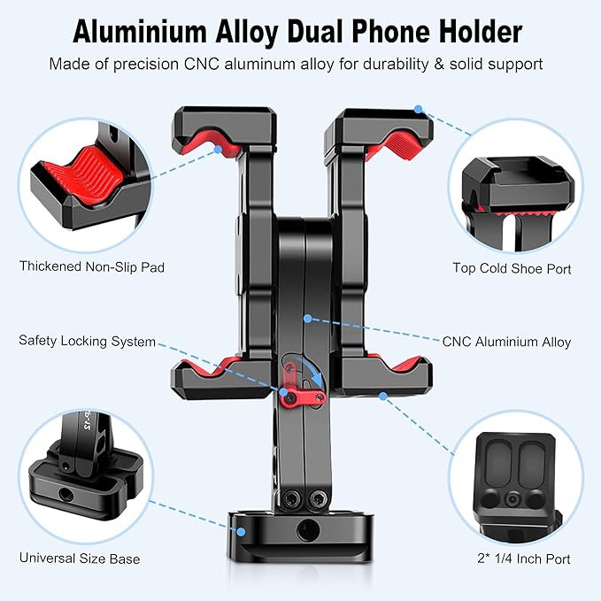 Manbily Phone Tripod Mount, Metal Smartphone Mount Adapter with Dual Phone Holder, 360° Swivel 180° Flip Adjustable Clip Clamp with Cold Shoe, for Selfie Stick Vlog Live Streaming