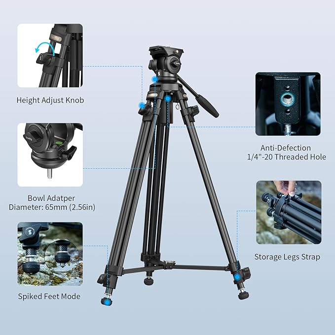 SmallRig AD-50Lite Video Tripod, Heavy Duty Tripod with 360°Fluid Head, 62" Aluminum Alloy Travel Tripods with QR Plate, Lift Rope, Load up to 11lb for DSLR, Camcorder, Camera