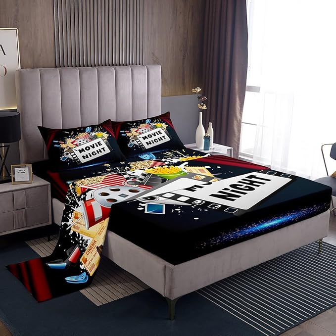 Erosebridal Movie Bed Sheets Set Queen Size for Boys Girls Family Home Theater Decor Sheet Set Movie Lover Theater Theme Bedding Sets Retro Vintage Film Themed Fitted Sheet 4 Pcs