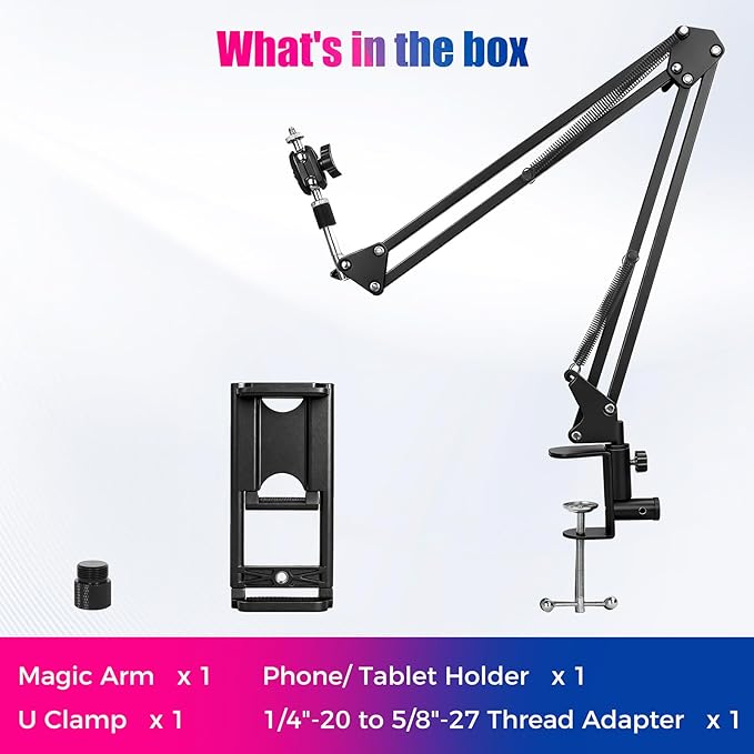 30" Magic Arm Holder w Clamp - Overhead Phone Mount for Desk, Smooth 360° 1/4" & 5/8" Thread Webcam Stand for Phone, Tablet, Webcam, Mic, Camera - Content Creators & Streaming