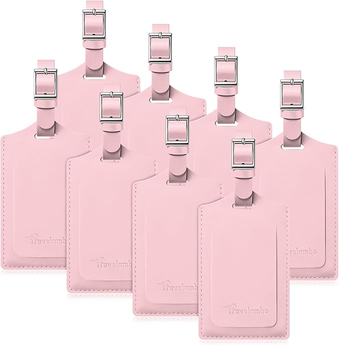 Travelambo Luggage Tags for Suitcases Faux Leather Privacy Protection 2 Pack Bag Tags Travel Accessories Essential, Light Pink