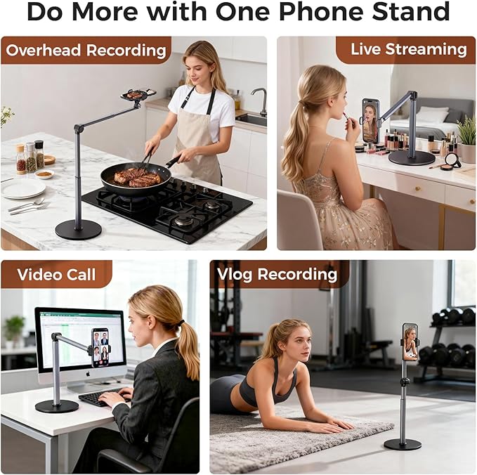 MoKo Overhead Tripod for iPhone, Heavy Duty Aluminum Overhead Phone Mount, Angle & Height Adjustable, Telescopic Arm, Overhead Phone Stand for Recording, Live Streaming, Cooking, Filming (Clip)