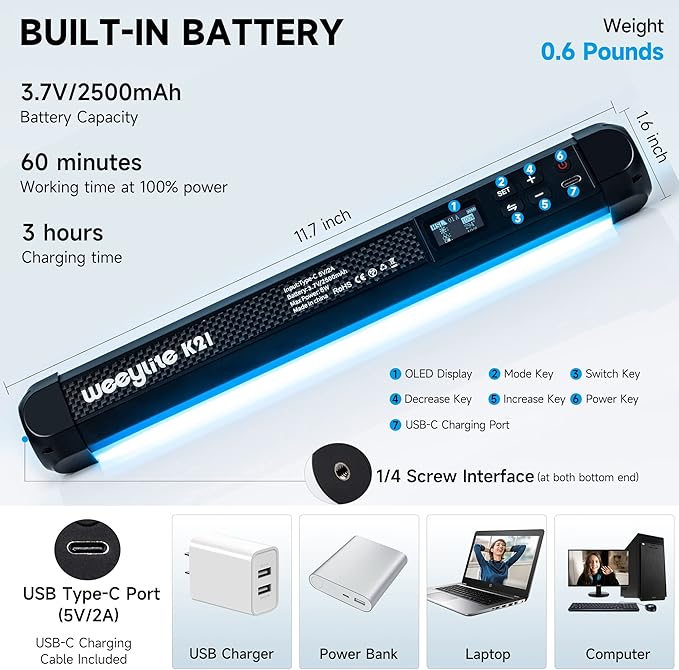 Weeylite K21 RGB LED Stick Light, Magnetic App Control LED Video Light Wand w CRI 95+ 2500mAh Rechargeable 2500-8500K Full Color Portable Handheld Photography Light for Portrait Video Recording TikTok