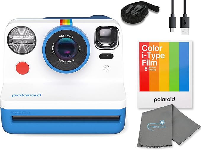 Polaroid Gen 2 Now I-Type Instant Film Camera - Blue Bundle with a Color i-Type Film Pack (8 Instant Photos) and a Cleaning Cloth