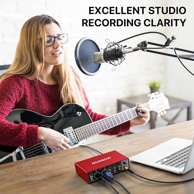 USB Audio Interface for PC Computer Recording Music, Red Guitar Audio Interface for Mac 24Bit/192kHz Podcasting Streaming for Vocalist Producer with 48V Phantom Power