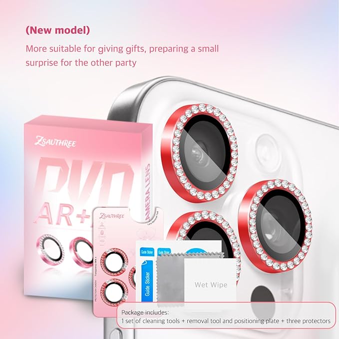 Camera Lens Protector Bling Compatible for iPhone 15 Pro/15 Pro Max,9H Tempered Glass,1Step Installation Tray,HD Clear/Military Grade Shatterproof/Scratch Resistant(Diamond Red)