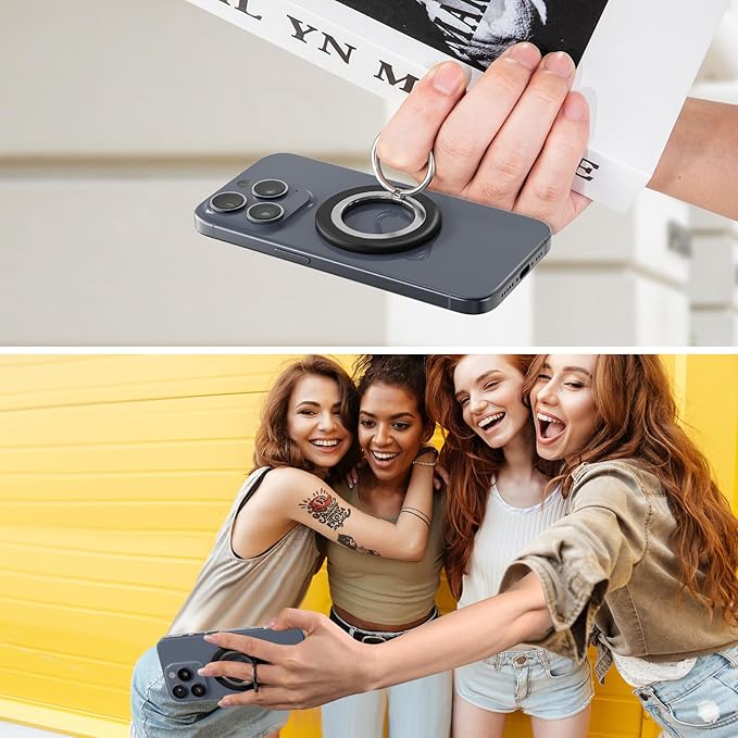 Phone Ring Holder, Dual Sided Magnetic Phone Grip Magnet Cell Phone Finger Holder for Hand Removable Slim Handle Grip Kickstand Compatible for MagSafe iPhone 17/16/15/14/13/12 Series, Black