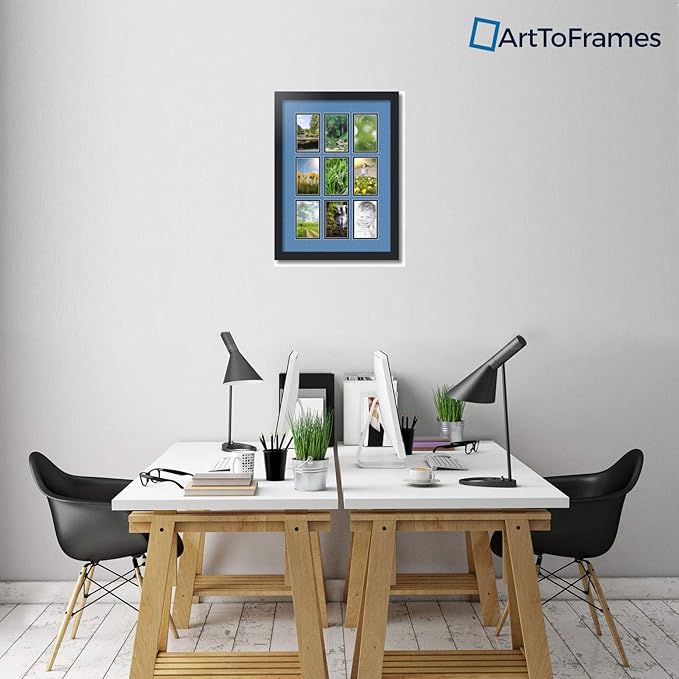ArtToFrames Collage Photo Frame Double Mat with 9-3x5 Openings with Satin Black Frame and Liberty Blue mat.