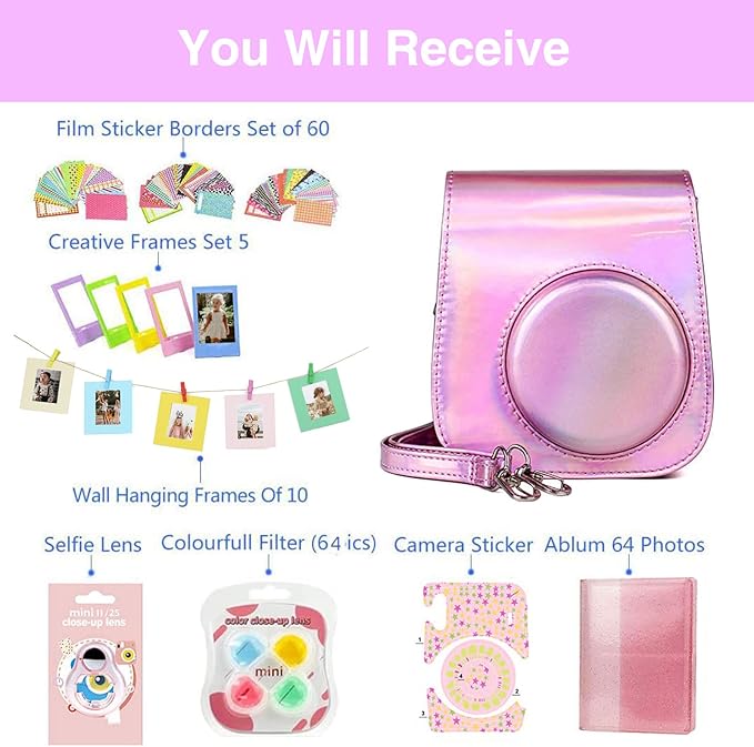 WOGOZAN Mini 11 Accessories for Fujifilm Instax Mini 11 Instant Camera Include Case, Color Filters, Photo Album, 2x3 Frames, Selfie Lens and Stickers (Magic Pink) (No Camera)