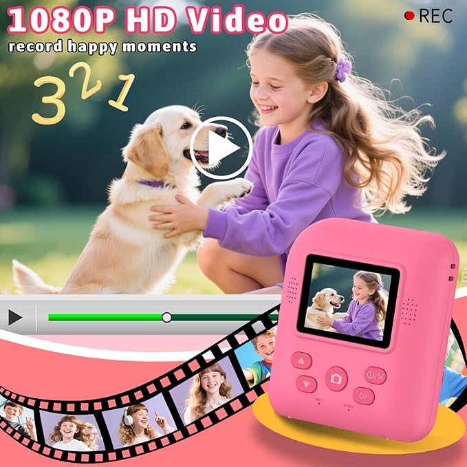 Okaloka Kids Instant Print Camera Toys,1080P HD Toddler Digital Video Camera,Christmas Birthday Gifts for Girls Boys Age 3-12 Year Old - 32G SD Card Included (Red)