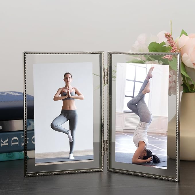 Silver 5x7'' Double Floating Photo Frame | Fits 2x3“ to 4x6” Photos | Metallic Lace Edge | Desktop/Shelf Adjustable Photo Frame | Elegant Gift Idea for Weddings,Thanksgiving and more