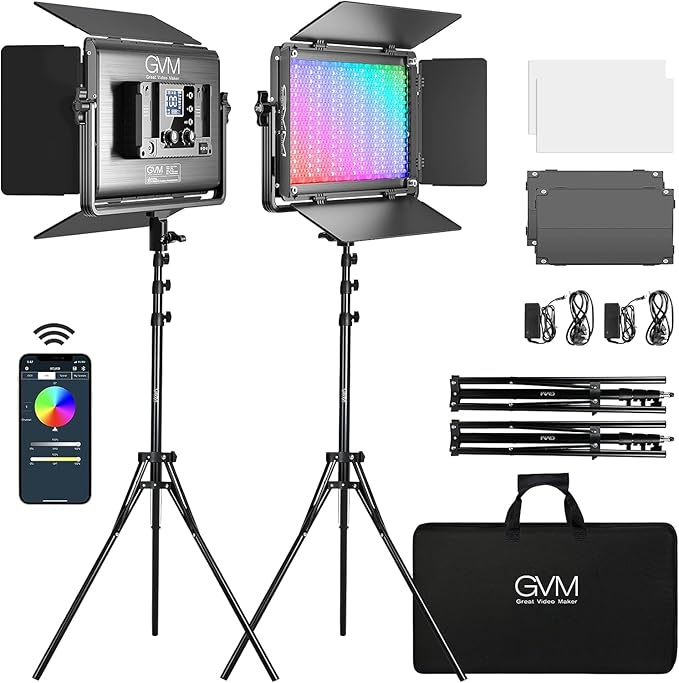 GVM 1300D RGB LED Video Light, 65W Video Lighting Kit with Bluetooth Control, 25000lux/0.5m, 2 Packs Led Panel Light for YouTube Studio, Video Shooting, Broadcasting, Conference, 18 Kinds Scene Modes