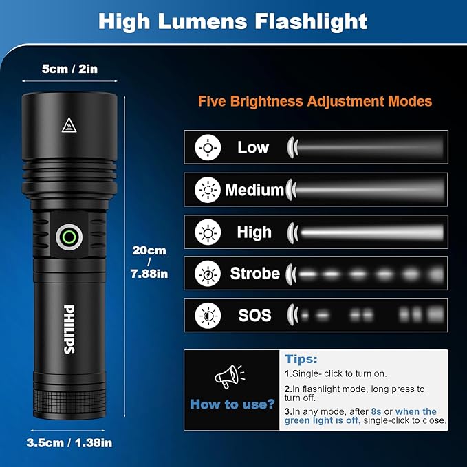 Philips Flashlights High Lumens Rechargeable with Ignition Lens,3000lm Tactical Flashlights with Camping Lamp,2 Colors Zoomable 5Modes Reverse Charging LED Bright Flashlight for Home Outdoor Gift