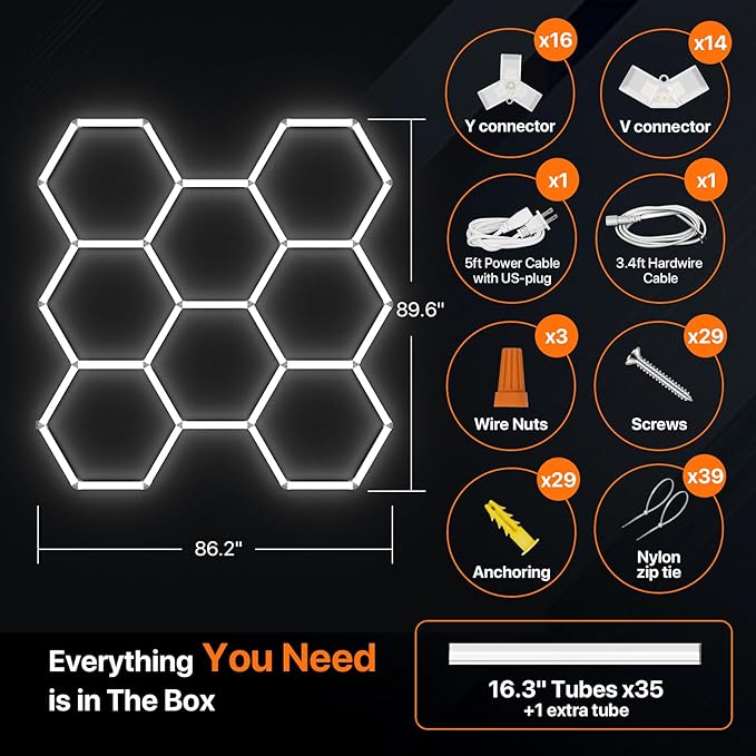 Hexagon Garage Lights: 245W 8 Grids Hexagon Led Lights, 6500K Ultra Bright Hex Light, Honeycomb Light for Garage, Shop, Basement, Barber, Homegym