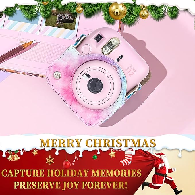 CAIYOULE Protective Camera Case for Instax Mini 12 Instant Camera Fuji Mini 12 Case PU Leather Carrying Bag with Adjustable Shoulder Strap and 64 Pockets Photo Album - Blue Pink Watercolor