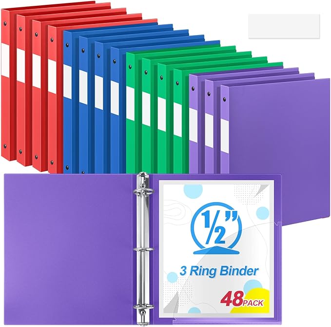 Henoyso 48 Pcs 3 Ring Binder 1/2'' Round Fits Letter Size 8.5'' x 11'' Paper Plastic Flexible Binder Holds 140 Sheets with 1 Pockets Versatile Organizer for Home Office School (Blue Green Purple Red)