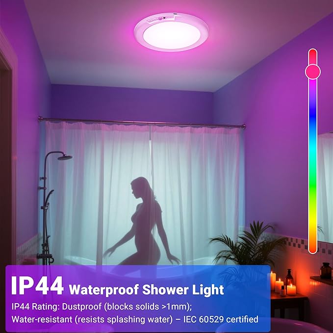 Shower Lights for Inside Shower - 1 Pack Rechargeable Ceiling Light with Remote, Color Changing & White Timing Light, Motion Sensor Battery Powered Shower Lamp for Bathroom Closet Patio
