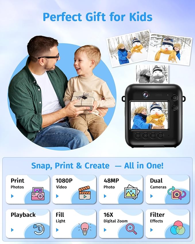 Instant Camera, Dual-Lens Kids Camera Instant Print for Boys Girls Christmas Birthday Gifts, 1080P Digital Cameras for Kids Teens with Print Paper, 32GB Card, Toddle Toy for Age 4-12 Years(Black)