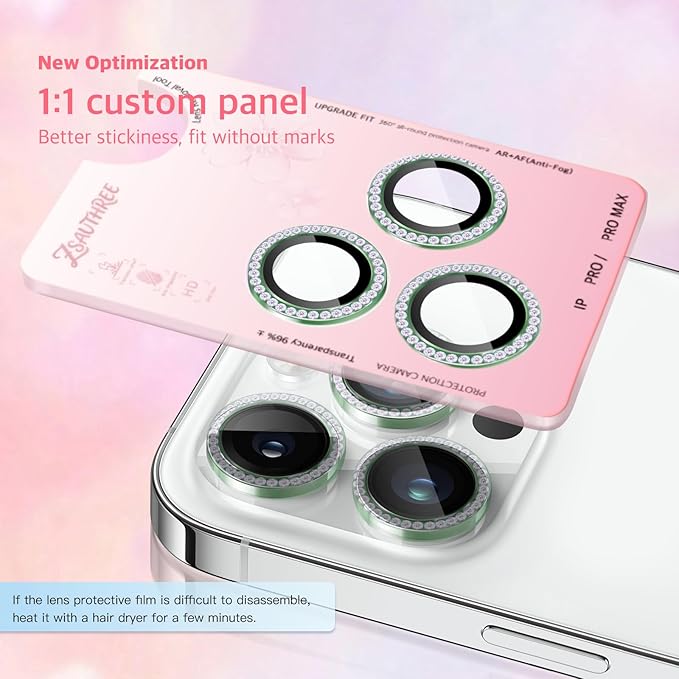 Camera Lens Protector Bling Compatible for iPhone 15 Pro/15 Pro Max,9H Tempered Glass,1Step Installation Tray,HD Clear/Military Grade Shatterproof/Scratch Resistant(Diamond Light Green)