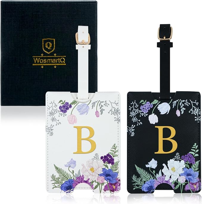 2 Pack PU Leahter Luggage Tags with PU Leather Straps, Fun Travel case Labels, Privacy-Protected ID Card Holders, Allowing for Quick Identification of Luggage and Easy locating of Your Bags (B)