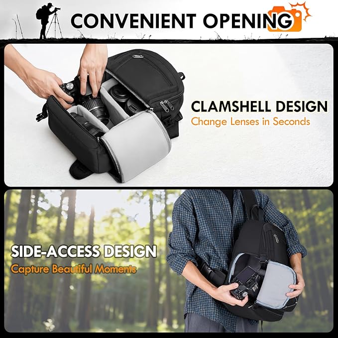 RAINSMORE Camera Bag Small DSLR & Mirrorless Camera Case for Photographers Waterproof Sling Crossbody Camera Bag with Removable Divider & Tripod Holder Fits Canon Rebel/Nikon D3500/Sony A6000 Series