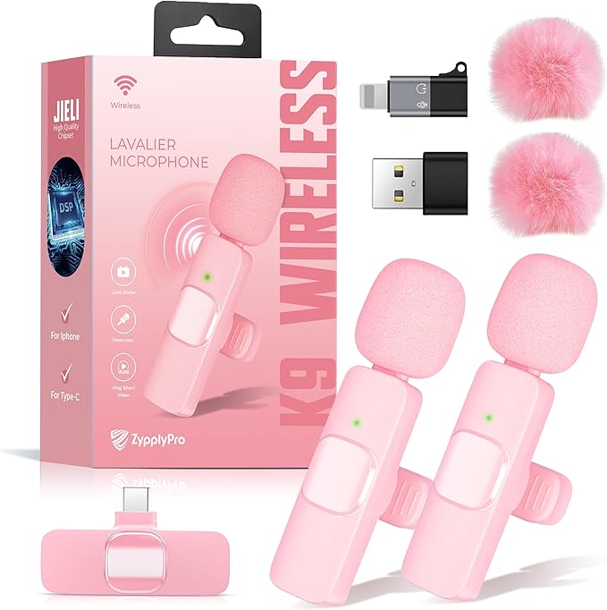 Wireless Lavalier Microphone 2-Pack – Compatible with iPhone, iPad, iOS, Android – Mini Mics with USB-C, Noise Reduction Lapel Mic for Video Recording, Vlogging, YouTube, TikTok (Pink)