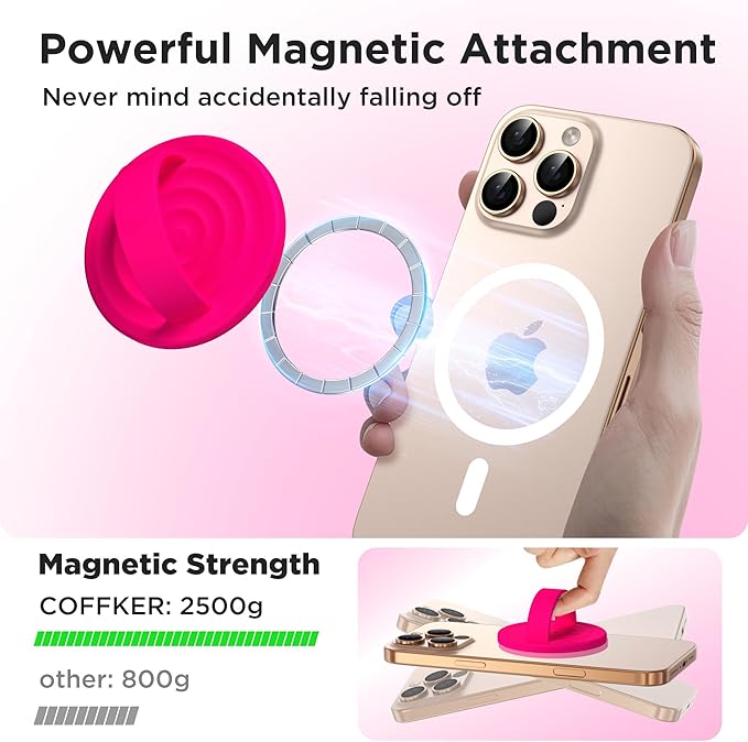 Magnetic Phone Grip Ring Holder, Liquid Silicone Magnet Cell Phone Grip Finger Loop, Compatible with Magsafe, Back of Phone for iPhone 17/16/15/14/13/12 Series, Neon Pink